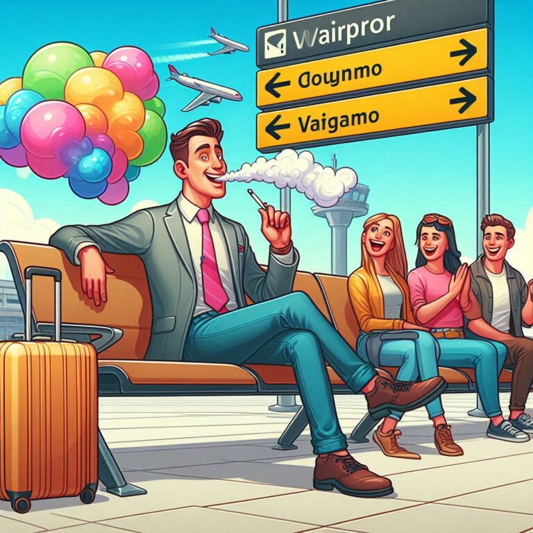 n pasajero exhalando humo en un aeropuerto